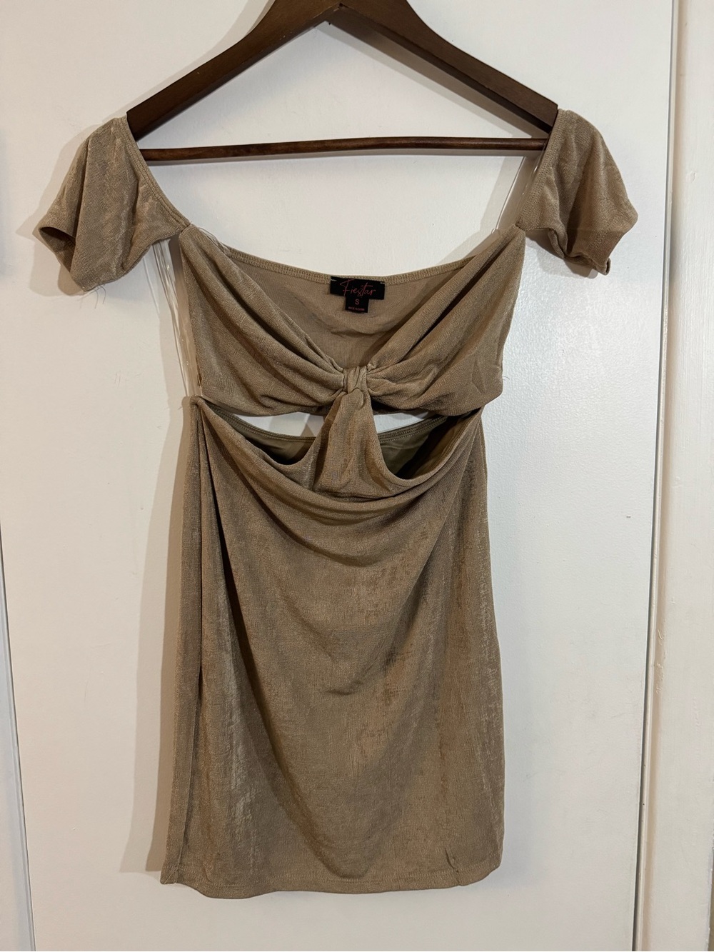 Taupe Off-Shoulder Cutout Mini Dress with Twist Front